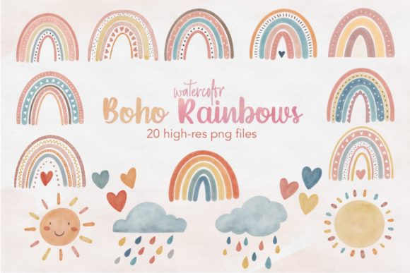 Watercolor Boho Rainbow Clipart 